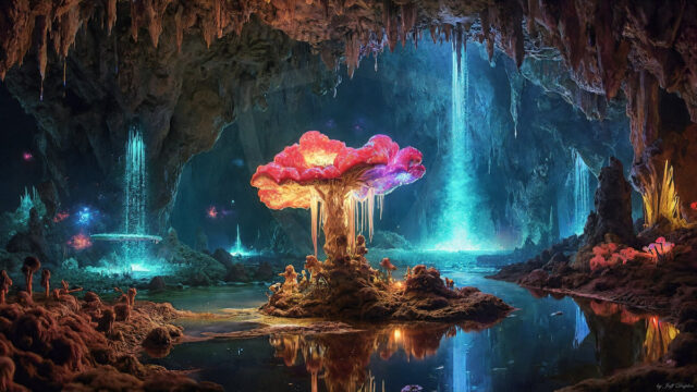 A vibrant and detailed fantasy photograph of an alien planet. Where every element appears meticulously crafted from iridescent stained glass. From a cave system, dominated by towering crystals, giant bioluminescent mushrooms, in all shapes and sizes, that glow in vibrant iridescent colors. A stream of iridescent blue water, flows down the center of the cave from a waterfall, off in the distance. The alien flora, vibrantly colored, attracting alien insects, like nothing you've ever seen. Glow worms hang down from the ceiling, emitting the entire spectrum of the rainbow in colors, they seem to dance and blend as if they are connected. Outside the cave system, the sky shimmers with a breathtaking aurora borealis that fills the sky, creating a cosmic spectacle of galaxies, nebulae, and radiant starlight, in this nighttime landscape.