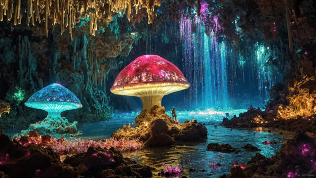 A vibrant and detailed fantasy photograph of an alien planet. Where every element appears meticulously crafted from iridescent stained glass. From a cave system, dominated by towering crystals, giant bioluminescent mushrooms, in all shapes and sizes, that glow in vibrant iridescent colors. A stream of iridescent blue water, flows down the center of the cave from a waterfall, off in the distance. The alien flora, vibrantly colored, attracting alien insects, like nothing you've ever seen. Glow worms hang down from the ceiling, emitting the entire spectrum of the rainbow in colors, they seem to dance and blend as if they are connected. Outside the cave system, the sky shimmers with a breathtaking aurora borealis that fills the sky, creating a cosmic spectacle of galaxies, nebulae, and radiant starlight, in this nighttime landscape.
