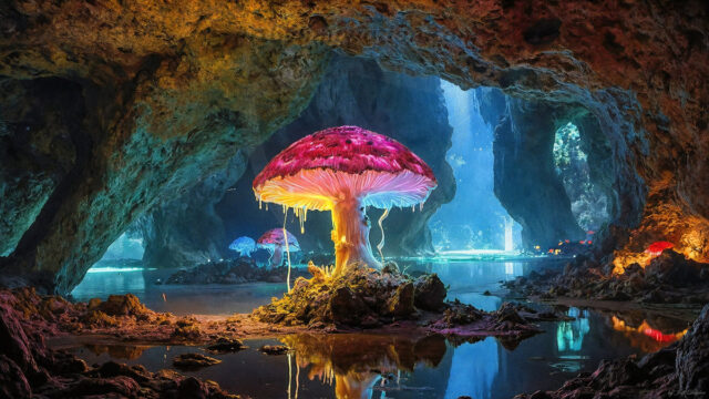A vibrant and detailed fantasy photograph of an alien planet. Where every element appears meticulously crafted from iridescent stained glass. From a cave system, dominated by towering crystals, giant bioluminescent mushrooms, in all shapes and sizes, that glow in vibrant iridescent colors. A stream of iridescent blue water, flows down the center of the cave from a waterfall, off in the distance. The alien flora, vibrantly colored, attracting alien insects, like nothing you've ever seen. Glow worms hang down from the ceiling, emitting the entire spectrum of the rainbow in colors, they seem to dance and blend as if they are connected. Outside the cave system, the sky shimmers with a breathtaking aurora borealis that fills the sky, creating a cosmic spectacle of galaxies, nebulae, and radiant starlight, in this nighttime landscape.
