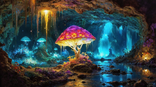 A vibrant and detailed fantasy photograph of an alien planet. Where every element appears meticulously crafted from iridescent stained glass. From a cave system, dominated by towering crystals, giant bioluminescent mushrooms, in all shapes and sizes, that glow in vibrant iridescent colors. A stream of iridescent blue water, flows down the center of the cave from a waterfall, off in the distance. The alien flora, vibrantly colored, attracting alien insects, like nothing you've ever seen. Glow worms hang down from the ceiling, emitting the entire spectrum of the rainbow in colors, they seem to dance and blend as if they are connected. Outside the cave system, the sky shimmers with a breathtaking aurora borealis that fills the sky, creating a cosmic spectacle of galaxies, nebulae, and radiant starlight, in this nighttime landscape.