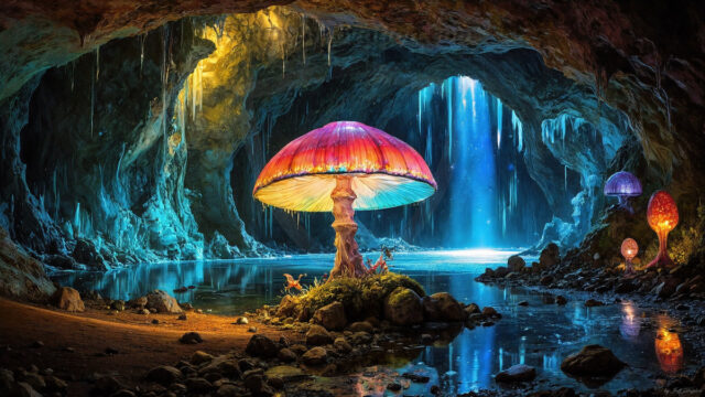 A vibrant and detailed fantasy photograph of an alien planet. Where every element appears meticulously crafted from iridescent stained glass. From a cave system, dominated by towering crystals, giant bioluminescent mushrooms, in all shapes and sizes, that glow in vibrant iridescent colors. A stream of iridescent blue water, flows down the center of the cave from a waterfall, off in the distance. The alien flora, vibrantly colored, attracting alien insects, like nothing you've ever seen. Glow worms hang down from the ceiling, emitting the entire spectrum of the rainbow in colors, they seem to dance and blend as if they are connected. Outside the cave system, the sky shimmers with a breathtaking aurora borealis that fills the sky, creating a cosmic spectacle of galaxies, nebulae, and radiant starlight, in this nighttime landscape.