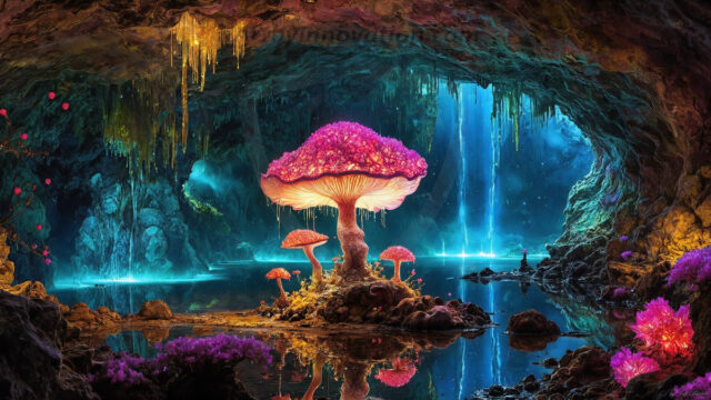 A vibrant and detailed fantasy photograph of an alien planet. Where every element appears meticulously crafted from iridescent stained glass. From a cave system, dominated by towering crystals, giant bioluminescent mushrooms, in all shapes and sizes, that glow in vibrant iridescent colors. A stream of iridescent blue water, flows down the center of the cave from a waterfall, off in the distance. The alien flora, vibrantly colored, attracting alien insects, like nothing you've ever seen. Glow worms hang down from the ceiling, emitting the entire spectrum of the rainbow in colors, they seem to dance and blend as if they are connected. Outside the cave system, the sky shimmers with a breathtaking aurora borealis that fills the sky, creating a cosmic spectacle of galaxies, nebulae, and radiant starlight, in this nighttime landscape.