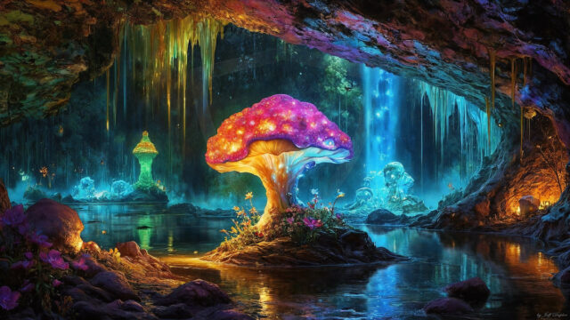 A vibrant and detailed fantasy photograph of an alien planet. Where every element appears meticulously crafted from iridescent stained glass. From a cave system, dominated by towering crystals, giant bioluminescent mushrooms, in all shapes and sizes, that glow in vibrant iridescent colors. A stream of iridescent blue water, flows down the center of the cave from a waterfall, off in the distance. The alien flora, vibrantly colored, attracting alien insects, like nothing you've ever seen. Glow worms hang down from the ceiling, emitting the entire spectrum of the rainbow in colors, they seem to dance and blend as if they are connected. Outside the cave system, the sky shimmers with a breathtaking aurora borealis that fills the sky, creating a cosmic spectacle of galaxies, nebulae, and radiant starlight, in this nighttime landscape.