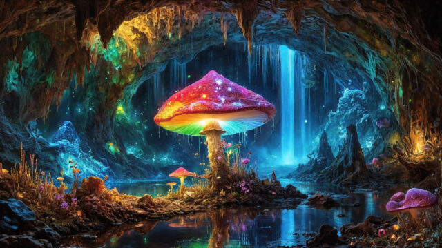 A vibrant and detailed fantasy photograph of an alien planet. Where every element appears meticulously crafted from iridescent stained glass. From a cave system, dominated by towering crystals, giant bioluminescent mushrooms, in all shapes and sizes, that glow in vibrant iridescent colors. A stream of iridescent blue water, flows down the center of the cave from a waterfall, off in the distance. The alien flora, vibrantly colored, attracting alien insects, like nothing you've ever seen. Glow worms hang down from the ceiling, emitting the entire spectrum of the rainbow in colors, they seem to dance and blend as if they are connected. Outside the cave system, the sky shimmers with a breathtaking aurora borealis that fills the sky, creating a cosmic spectacle of galaxies, nebulae, and radiant starlight, in this nighttime landscape.