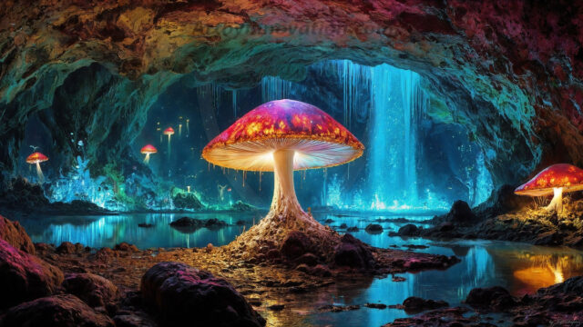 A vibrant and detailed fantasy photograph of an alien planet. Where every element appears meticulously crafted from iridescent stained glass. From a cave system, dominated by towering crystals, giant bioluminescent mushrooms, in all shapes and sizes, that glow in vibrant iridescent colors. A stream of iridescent blue water, flows down the center of the cave from a waterfall, off in the distance. The alien flora, vibrantly colored, attracting alien insects, like nothing you've ever seen. Glow worms hang down from the ceiling, emitting the entire spectrum of the rainbow in colors, they seem to dance and blend as if they are connected. Outside the cave system, the sky shimmers with a breathtaking aurora borealis that fills the sky, creating a cosmic spectacle of galaxies, nebulae, and radiant starlight, in this nighttime landscape.