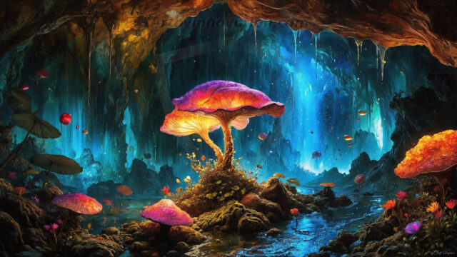 A vibrant and detailed fantasy photograph of an alien planet. Where every element appears meticulously crafted from iridescent stained glass. From a cave system, dominated by towering crystals, giant bioluminescent mushrooms, in all shapes and sizes, that glow in vibrant iridescent colors. A stream of iridescent blue water, flows down the center of the cave from a waterfall, off in the distance. The alien flora, vibrantly colored, attracting alien insects, like nothing you've ever seen. Glow worms hang down from the ceiling, emitting the entire spectrum of the rainbow in colors, they seem to dance and blend as if they are connected. Outside the cave system, the sky shimmers with a breathtaking aurora borealis that fills the sky, creating a cosmic spectacle of galaxies, nebulae, and radiant starlight, in this nighttime landscape.