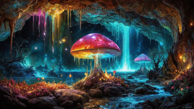 A vibrant and detailed fantasy photograph of an alien planet. Where every element appears meticulously crafted from iridescent stained glass. From a cave system, dominated by towering crystals, giant bioluminescent mushrooms, in all shapes and sizes, that glow in vibrant iridescent colors. A stream of iridescent blue water, flows down the center of the cave from a waterfall, off in the distance. The alien flora, vibrantly colored, attracting alien insects, like nothing you've ever seen. Glow worms hang down from the ceiling, emitting the entire spectrum of the rainbow in colors, they seem to dance and blend as if they are connected. Outside the cave system, the sky shimmers with a breathtaking aurora borealis that fills the sky, creating a cosmic spectacle of galaxies, nebulae, and radiant starlight, in this nighttime landscape.