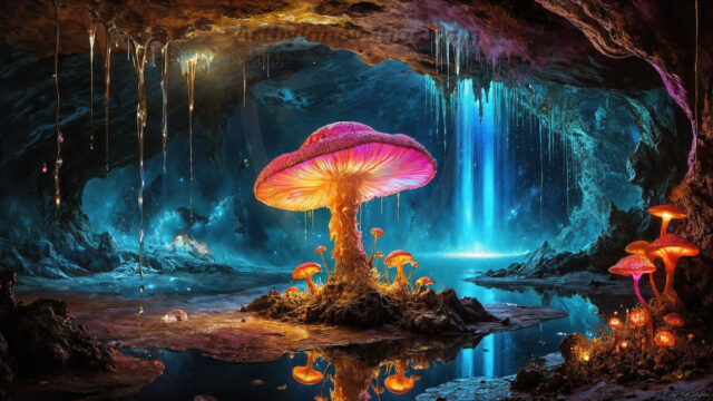 A vibrant and detailed fantasy photograph of an alien planet. Where every element appears meticulously crafted from iridescent stained glass. From a cave system, dominated by towering crystals, giant bioluminescent mushrooms, in all shapes and sizes, that glow in vibrant iridescent colors. A stream of iridescent blue water, flows down the center of the cave from a waterfall, off in the distance. The alien flora, vibrantly colored, attracting alien insects, like nothing you've ever seen. Glow worms hang down from the ceiling, emitting the entire spectrum of the rainbow in colors, they seem to dance and blend as if they are connected. Outside the cave system, the sky shimmers with a breathtaking aurora borealis that fills the sky, creating a cosmic spectacle of galaxies, nebulae, and radiant starlight, in this nighttime landscape.