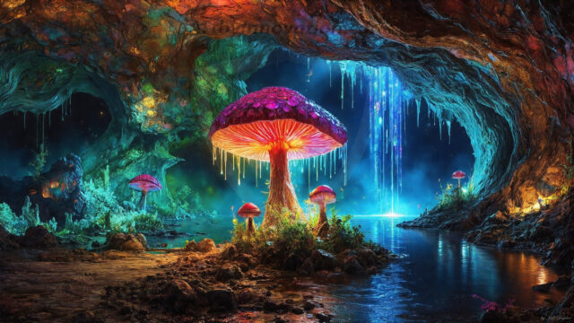 A vibrant and detailed fantasy photograph of an alien planet. Where every element appears meticulously crafted from iridescent stained glass. From a cave system, dominated by towering crystals, giant bioluminescent mushrooms, in all shapes and sizes, that glow in vibrant iridescent colors. A stream of iridescent blue water, flows down the center of the cave from a waterfall, off in the distance. The alien flora, vibrantly colored, attracting alien insects, like nothing you've ever seen. Glow worms hang down from the ceiling, emitting the entire spectrum of the rainbow in colors, they seem to dance and blend as if they are connected. Outside the cave system, the sky shimmers with a breathtaking aurora borealis that fills the sky, creating a cosmic spectacle of galaxies, nebulae, and radiant starlight, in this nighttime landscape.