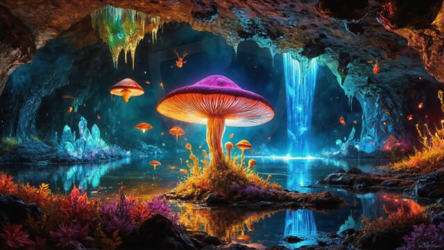 A vibrant and detailed fantasy photograph of an alien planet. Where every element appears meticulously crafted from iridescent stained glass. From a cave system, dominated by towering crystals, giant bioluminescent mushrooms, in all shapes and sizes, that glow in vibrant iridescent colors. A stream of iridescent blue water, flows down the center of the cave from a waterfall, off in the distance. The alien flora, vibrantly colored, attracting alien insects, like nothing you've ever seen. Glow worms hang down from the ceiling, emitting the entire spectrum of the rainbow in colors, they seem to dance and blend as if they are connected. Outside the cave system, the sky shimmers with a breathtaking aurora borealis that fills the sky, creating a cosmic spectacle of galaxies, nebulae, and radiant starlight, in this nighttime landscape.