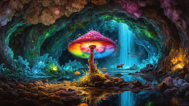 A vibrant and detailed fantasy photograph of an alien planet. Where every element appears meticulously crafted from iridescent stained glass. From a cave system, dominated by towering crystals, giant bioluminescent mushrooms, in all shapes and sizes, that glow in vibrant iridescent colors. A stream of iridescent blue water, flows down the center of the cave from a waterfall, off in the distance. The alien flora, vibrantly colored, attracting alien insects, like nothing you've ever seen. Glow worms hang down from the ceiling, emitting the entire spectrum of the rainbow in colors, they seem to dance and blend as if they are connected. Outside the cave system, the sky shimmers with a breathtaking aurora borealis that fills the sky, creating a cosmic spectacle of galaxies, nebulae, and radiant starlight, in this nighttime landscape.