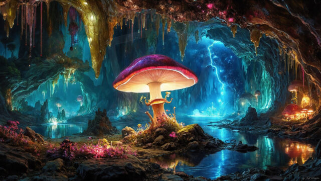 A vibrant and detailed fantasy photograph of an alien planet. Where every element appears meticulously crafted from iridescent stained glass. From a cave system, dominated by towering crystals, giant bioluminescent mushrooms, in all shapes and sizes, that glow in vibrant iridescent colors. A stream of iridescent blue water, flows down the center of the cave from a waterfall, off in the distance. The alien flora, vibrantly colored, attracting alien insects, like nothing you've ever seen. Glow worms hang down from the ceiling, emitting the entire spectrum of the rainbow in colors, they seem to dance and blend as if they are connected. Outside the cave system, the sky shimmers with a breathtaking aurora borealis that fills the sky, creating a cosmic spectacle of galaxies, nebulae, and radiant starlight, in this nighttime landscape.