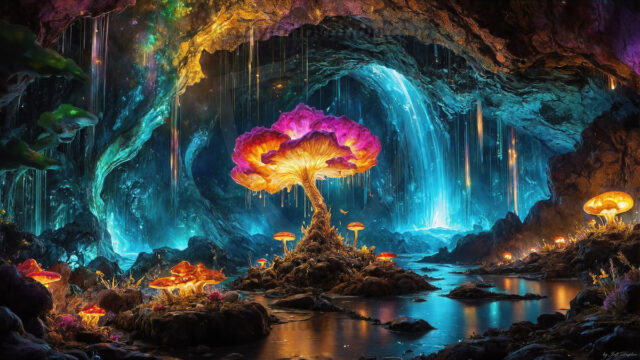 A vibrant and detailed fantasy photograph of an alien planet. Where every element appears meticulously crafted from iridescent stained glass. From a cave system, dominated by towering crystals, giant bioluminescent mushrooms, in all shapes and sizes, that glow in vibrant iridescent colors. A stream of iridescent blue water, flows down the center of the cave from a waterfall, off in the distance. The alien flora, vibrantly colored, attracting alien insects, like nothing you've ever seen. Glow worms hang down from the ceiling, emitting the entire spectrum of the rainbow in colors, they seem to dance and blend as if they are connected. Outside the cave system, the sky shimmers with a breathtaking aurora borealis that fills the sky, creating a cosmic spectacle of galaxies, nebulae, and radiant starlight, in this nighttime landscape.