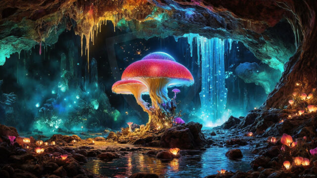 A vibrant and detailed fantasy photograph of an alien planet. Where every element appears meticulously crafted from iridescent stained glass. From a cave system, dominated by towering crystals, giant bioluminescent mushrooms, in all shapes and sizes, that glow in vibrant iridescent colors. A stream of iridescent blue water, flows down the center of the cave from a waterfall, off in the distance. The alien flora, vibrantly colored, attracting alien insects, like nothing you've ever seen. Glow worms hang down from the ceiling, emitting the entire spectrum of the rainbow in colors, they seem to dance and blend as if they are connected. Outside the cave system, the sky shimmers with a breathtaking aurora borealis that fills the sky, creating a cosmic spectacle of galaxies, nebulae, and radiant starlight, in this nighttime landscape.