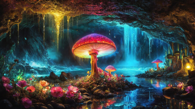 A vibrant and detailed fantasy photograph of an alien planet. Where every element appears meticulously crafted from iridescent stained glass. From a cave system, dominated by towering crystals, giant bioluminescent mushrooms, in all shapes and sizes, that glow in vibrant iridescent colors. A stream of iridescent blue water, flows down the center of the cave from a waterfall, off in the distance. The alien flora, vibrantly colored, attracting alien insects, like nothing you've ever seen. Glow worms hang down from the ceiling, emitting the entire spectrum of the rainbow in colors, they seem to dance and blend as if they are connected. Outside the cave system, the sky shimmers with a breathtaking aurora borealis that fills the sky, creating a cosmic spectacle of galaxies, nebulae, and radiant starlight, in this nighttime landscape.