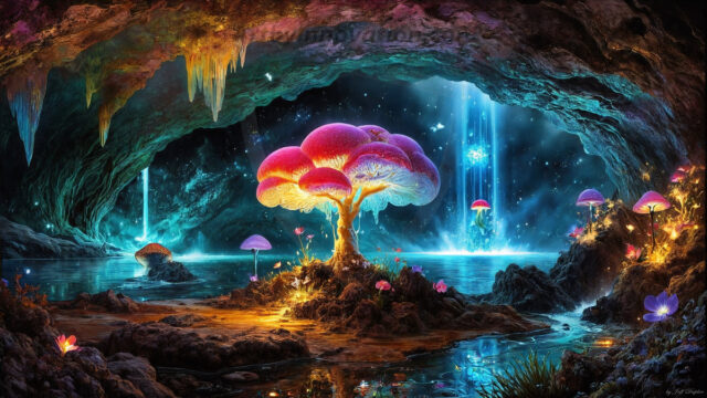 A vibrant and detailed fantasy photograph of an alien planet. Where every element appears meticulously crafted from iridescent stained glass. From a cave system, dominated by towering crystals, giant bioluminescent mushrooms, in all shapes and sizes, that glow in vibrant iridescent colors. A stream of iridescent blue water, flows down the center of the cave from a waterfall, off in the distance. The alien flora, vibrantly colored, attracting alien insects, like nothing you've ever seen. Glow worms hang down from the ceiling, emitting the entire spectrum of the rainbow in colors, they seem to dance and blend as if they are connected. Outside the cave system, the sky shimmers with a breathtaking aurora borealis that fills the sky, creating a cosmic spectacle of galaxies, nebulae, and radiant starlight, in this nighttime landscape.