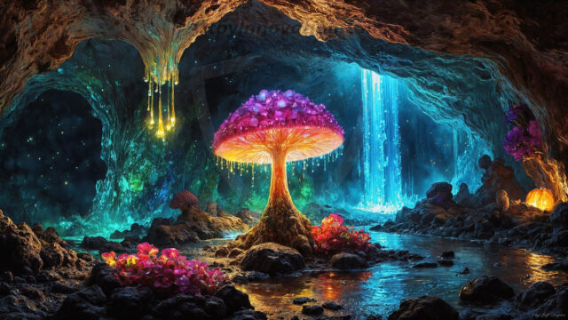 A vibrant and detailed fantasy photograph of an alien planet. Where every element appears meticulously crafted from iridescent stained glass. From a cave system, dominated by towering crystals, giant bioluminescent mushrooms, in all shapes and sizes, that glow in vibrant iridescent colors. A stream of iridescent blue water, flows down the center of the cave from a waterfall, off in the distance. The alien flora, vibrantly colored, attracting alien insects, like nothing you've ever seen. Glow worms hang down from the ceiling, emitting the entire spectrum of the rainbow in colors, they seem to dance and blend as if they are connected. Outside the cave system, the sky shimmers with a breathtaking aurora borealis that fills the sky, creating a cosmic spectacle of galaxies, nebulae, and radiant starlight, in this nighttime landscape.