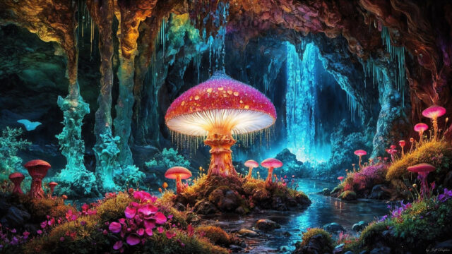 A vibrant and detailed fantasy photograph of an alien planet. Where every element appears meticulously crafted from iridescent stained glass. From a cave system, dominated by towering crystals, giant bioluminescent mushrooms, in all shapes and sizes, that glow in vibrant iridescent colors. A stream of iridescent blue water, flows down the center of the cave from a waterfall, off in the distance. The alien flora, vibrantly colored, attracting alien insects, like nothing you've ever seen. Glow worms hang down from the ceiling, emitting the entire spectrum of the rainbow in colors, they seem to dance and blend as if they are connected. Outside the cave system, the sky shimmers with a breathtaking aurora borealis that fills the sky, creating a cosmic spectacle of galaxies, nebulae, and radiant starlight, in this nighttime landscape.