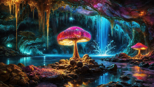 A vibrant and detailed fantasy photograph of an alien planet. Where every element appears meticulously crafted from iridescent stained glass. From a cave system, dominated by towering crystals, giant bioluminescent mushrooms, in all shapes and sizes, that glow in vibrant iridescent colors. A stream of iridescent blue water, flows down the center of the cave from a waterfall, off in the distance. The alien flora, vibrantly colored, attracting alien insects, like nothing you've ever seen. Glow worms hang down from the ceiling, emitting the entire spectrum of the rainbow in colors, they seem to dance and blend as if they are connected. Outside the cave system, the sky shimmers with a breathtaking aurora borealis that fills the sky, creating a cosmic spectacle of galaxies, nebulae, and radiant starlight, in this nighttime landscape.