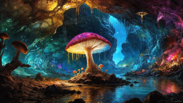 A vibrant and detailed fantasy photograph of an alien planet. Where every element appears meticulously crafted from iridescent stained glass. From a cave system, dominated by towering crystals, giant bioluminescent mushrooms, in all shapes and sizes, that glow in vibrant iridescent colors. A stream of iridescent blue water, flows down the center of the cave from a waterfall, off in the distance. The alien flora, vibrantly colored, attracting alien insects, like nothing you've ever seen. Glow worms hang down from the ceiling, emitting the entire spectrum of the rainbow in colors, they seem to dance and blend as if they are connected. Outside the cave system, the sky shimmers with a breathtaking aurora borealis that fills the sky, creating a cosmic spectacle of galaxies, nebulae, and radiant starlight, in this nighttime landscape.