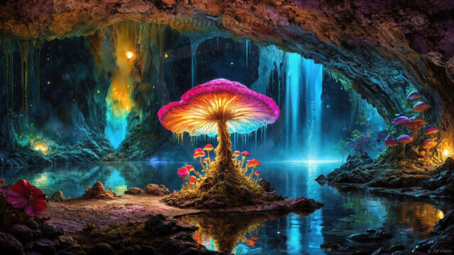 A vibrant and detailed fantasy photograph of an alien planet. Where every element appears meticulously crafted from iridescent stained glass. From a cave system, dominated by towering crystals, giant bioluminescent mushrooms, in all shapes and sizes, that glow in vibrant iridescent colors. A stream of iridescent blue water, flows down the center of the cave from a waterfall, off in the distance. The alien flora, vibrantly colored, attracting alien insects, like nothing you've ever seen. Glow worms hang down from the ceiling, emitting the entire spectrum of the rainbow in colors, they seem to dance and blend as if they are connected. Outside the cave system, the sky shimmers with a breathtaking aurora borealis that fills the sky, creating a cosmic spectacle of galaxies, nebulae, and radiant starlight, in this nighttime landscape.