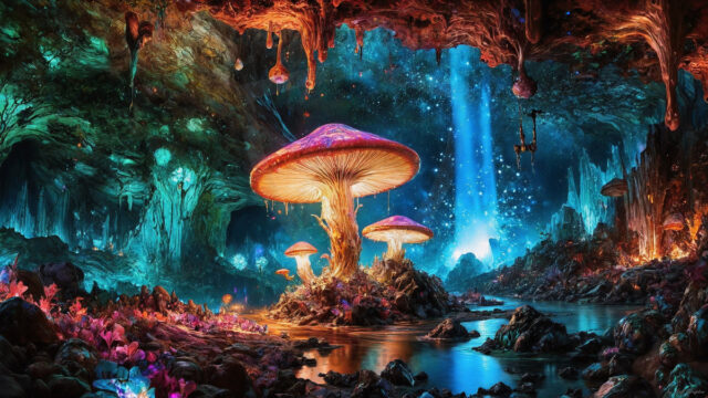 A vibrant and detailed fantasy photograph of an alien planet. Where every element appears meticulously crafted from iridescent stained glass. From a cave system, dominated by towering crystals, giant bioluminescent mushrooms, in all shapes and sizes, that glow in vibrant iridescent colors. A stream of iridescent blue water, flows down the center of the cave from a waterfall, off in the distance. The alien flora, vibrantly colored, attracting alien insects, like nothing you've ever seen. Glow worms hang down from the ceiling, emitting the entire spectrum of the rainbow in colors, they seem to dance and blend as if they are connected. Outside the cave system, the sky shimmers with a breathtaking aurora borealis that fills the sky, creating a cosmic spectacle of galaxies, nebulae, and radiant starlight, in this nighttime landscape.