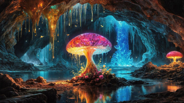 A vibrant and detailed fantasy photograph of an alien planet. Where every element appears meticulously crafted from iridescent stained glass. From a cave system, dominated by towering crystals, giant bioluminescent mushrooms, in all shapes and sizes, that glow in vibrant iridescent colors. A stream of iridescent blue water, flows down the center of the cave from a waterfall, off in the distance. The alien flora, vibrantly colored, attracting alien insects, like nothing you've ever seen. Glow worms hang down from the ceiling, emitting the entire spectrum of the rainbow in colors, they seem to dance and blend as if they are connected. Outside the cave system, the sky shimmers with a breathtaking aurora borealis that fills the sky, creating a cosmic spectacle of galaxies, nebulae, and radiant starlight, in this nighttime landscape.