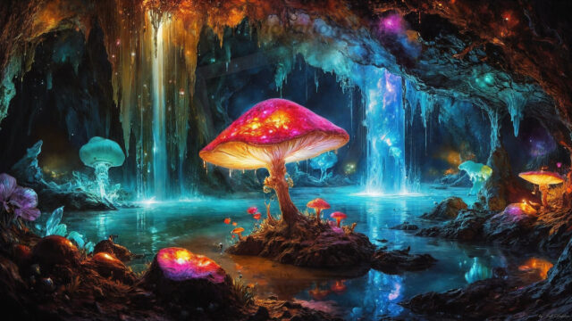 A vibrant and detailed fantasy photograph of an alien planet. Where every element appears meticulously crafted from iridescent stained glass. From a cave system, dominated by towering crystals, giant bioluminescent mushrooms, in all shapes and sizes, that glow in vibrant iridescent colors. A stream of iridescent blue water, flows down the center of the cave from a waterfall, off in the distance. The alien flora, vibrantly colored, attracting alien insects, like nothing you've ever seen. Glow worms hang down from the ceiling, emitting the entire spectrum of the rainbow in colors, they seem to dance and blend as if they are connected. Outside the cave system, the sky shimmers with a breathtaking aurora borealis that fills the sky, creating a cosmic spectacle of galaxies, nebulae, and radiant starlight, in this nighttime landscape.