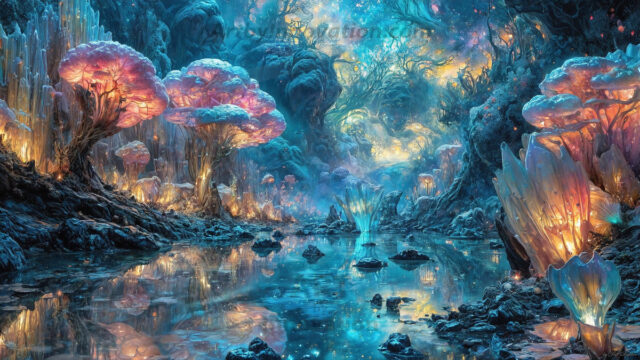 A vibrant and detailed fantasy photograph of an alien planet. Where every element appears meticulously crafted from iridescent stained glass. From a cave system, dominated by towering crystals, giant bioluminescent mushrooms, in all shapes and sizes, that glow in vibrant iridescent colors. A stream of iridescent blue water, flows down the center of the cave from a waterfall, off in the distance. The alien flora, vibrantly colored, attracting alien insects, like nothing you've ever seen. Glow worms hang down from the ceiling, emitting the entire spectrum of the rainbow in colors, they seem to dance and blend as if they are connected. Outside the cave system, the sky shimmers with a breathtaking aurora borealis that fills the sky, creating a cosmic spectacle of galaxies, nebulae, and radiant starlight, in this nighttime landscape.