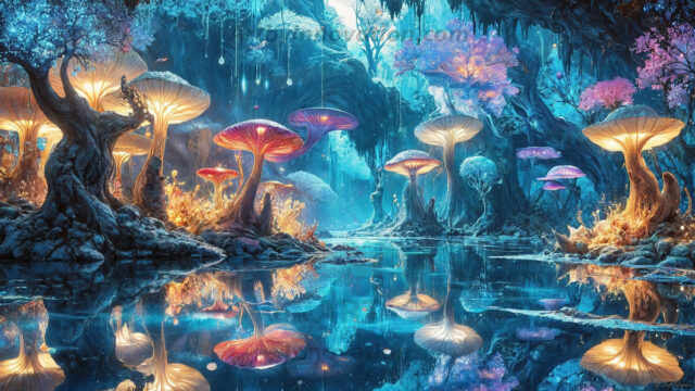 A vibrant and detailed fantasy photograph of an alien planet. Where every element appears meticulously crafted from iridescent stained glass. From a cave system, dominated by towering crystals, giant bioluminescent mushrooms, in all shapes and sizes, that glow in vibrant iridescent colors. A stream of iridescent blue water, flows down the center of the cave from a waterfall, off in the distance. The alien flora, vibrantly colored, attracting alien insects, like nothing you've ever seen. Glow worms hang down from the ceiling, emitting the entire spectrum of the rainbow in colors, they seem to dance and blend as if they are connected. Outside the cave system, the sky shimmers with a breathtaking aurora borealis that fills the sky, creating a cosmic spectacle of galaxies, nebulae, and radiant starlight, in this nighttime landscape.