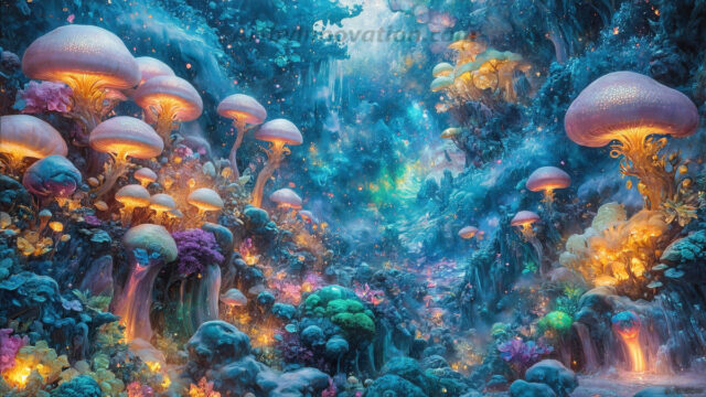 A vibrant and detailed fantasy photograph of an alien planet. Where every element appears meticulously crafted from iridescent stained glass. From a cave system, dominated by towering crystals, giant bioluminescent mushrooms, in all shapes and sizes, that glow in vibrant iridescent colors. A stream of iridescent blue water, flows down the center of the cave from a waterfall, off in the distance. The alien flora, vibrantly colored, attracting alien insects, like nothing you've ever seen. Glow worms hang down from the ceiling, emitting the entire spectrum of the rainbow in colors, they seem to dance and blend as if they are connected. Outside the cave system, the sky shimmers with a breathtaking aurora borealis that fills the sky, creating a cosmic spectacle of galaxies, nebulae, and radiant starlight, in this nighttime landscape.
