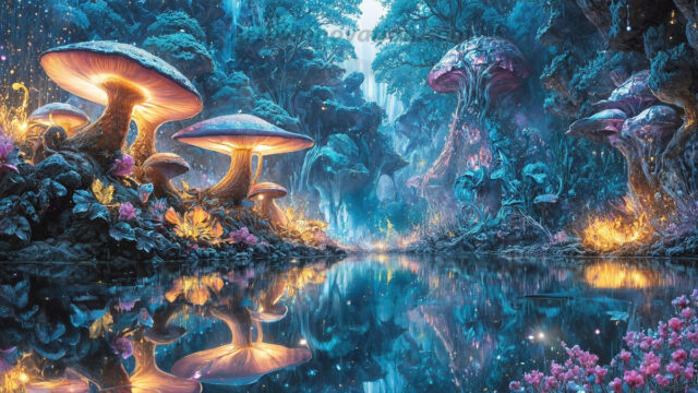 A vibrant and detailed fantasy photograph of an alien planet. Where every element appears meticulously crafted from iridescent stained glass. From a cave system, dominated by towering crystals, giant bioluminescent mushrooms, in all shapes and sizes, that glow in vibrant iridescent colors. A stream of iridescent blue water, flows down the center of the cave from a waterfall, off in the distance. The alien flora, vibrantly colored, attracting alien insects, like nothing you've ever seen. Glow worms hang down from the ceiling, emitting the entire spectrum of the rainbow in colors, they seem to dance and blend as if they are connected. Outside the cave system, the sky shimmers with a breathtaking aurora borealis that fills the sky, creating a cosmic spectacle of galaxies, nebulae, and radiant starlight, in this nighttime landscape.