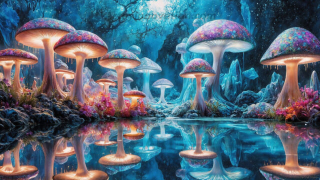 A vibrant and detailed fantasy photograph of an alien planet. Where every element appears meticulously crafted from iridescent stained glass. From a cave system, dominated by towering crystals, giant bioluminescent mushrooms, in all shapes and sizes, that glow in vibrant iridescent colors. A stream of iridescent blue water, flows down the center of the cave from a waterfall, off in the distance. The alien flora, vibrantly colored, attracting alien insects, like nothing you've ever seen. Glow worms hang down from the ceiling, emitting the entire spectrum of the rainbow in colors, they seem to dance and blend as if they are connected. Outside the cave system, the sky shimmers with a breathtaking aurora borealis that fills the sky, creating a cosmic spectacle of galaxies, nebulae, and radiant starlight, in this nighttime landscape.