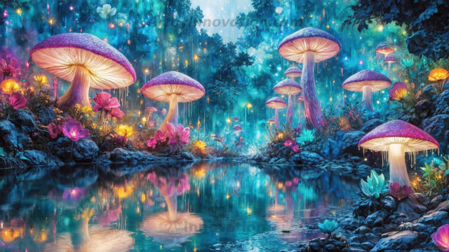 A vibrant and detailed fantasy photograph of an alien planet. Where every element appears meticulously crafted from iridescent stained glass. From a cave system, dominated by towering crystals, giant bioluminescent mushrooms, in all shapes and sizes, that glow in vibrant iridescent colors. A stream of iridescent blue water, flows down the center of the cave from a waterfall, off in the distance. The alien flora, vibrantly colored, attracting alien insects, like nothing you've ever seen. Glow worms hang down from the ceiling, emitting the entire spectrum of the rainbow in colors, they seem to dance and blend as if they are connected. Outside the cave system, the sky shimmers with a breathtaking aurora borealis that fills the sky, creating a cosmic spectacle of galaxies, nebulae, and radiant starlight, in this nighttime landscape.