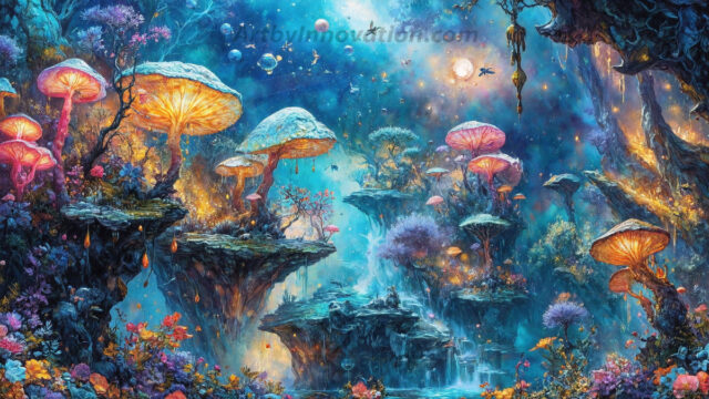 A vibrant and detailed fantasy photograph of an alien planet. Where every element appears meticulously crafted from iridescent stained glass. From a cave system, dominated by towering crystals, giant bioluminescent mushrooms, in all shapes and sizes, that glow in vibrant iridescent colors. A stream of iridescent blue water, flows down the center of the cave from a waterfall, off in the distance. The alien flora, vibrantly colored, attracting alien insects, like nothing you've ever seen. Glow worms hang down from the ceiling, emitting the entire spectrum of the rainbow in colors, they seem to dance and blend as if they are connected. Outside the cave system, the sky shimmers with a breathtaking aurora borealis that fills the sky, creating a cosmic spectacle of galaxies, nebulae, and radiant starlight, in this nighttime landscape.