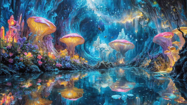 A vibrant and detailed fantasy photograph of an alien planet. Where every element appears meticulously crafted from iridescent stained glass. From a cave system, dominated by towering crystals, giant bioluminescent mushrooms, in all shapes and sizes, that glow in vibrant iridescent colors. A stream of iridescent blue water, flows down the center of the cave from a waterfall, off in the distance. The alien flora, vibrantly colored, attracting alien insects, like nothing you've ever seen. Glow worms hang down from the ceiling, emitting the entire spectrum of the rainbow in colors, they seem to dance and blend as if they are connected. Outside the cave system, the sky shimmers with a breathtaking aurora borealis that fills the sky, creating a cosmic spectacle of galaxies, nebulae, and radiant starlight, in this nighttime landscape.