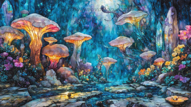 A vibrant and detailed fantasy photograph of an alien planet. Where every element appears meticulously crafted from iridescent stained glass. From a cave system, dominated by towering crystals, giant bioluminescent mushrooms, in all shapes and sizes, that glow in vibrant iridescent colors. A stream of iridescent blue water, flows down the center of the cave from a waterfall, off in the distance. The alien flora, vibrantly colored, attracting alien insects, like nothing you've ever seen. Glow worms hang down from the ceiling, emitting the entire spectrum of the rainbow in colors, they seem to dance and blend as if they are connected. Outside the cave system, the sky shimmers with a breathtaking aurora borealis that fills the sky, creating a cosmic spectacle of galaxies, nebulae, and radiant starlight, in this nighttime landscape.