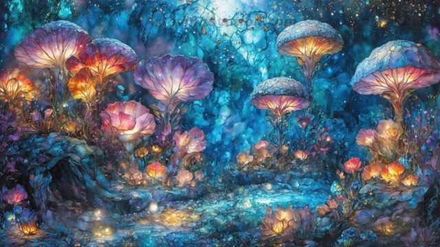 A vibrant and detailed fantasy photograph of an alien planet. Where every element appears meticulously crafted from iridescent stained glass. From a cave system, dominated by towering crystals, giant bioluminescent mushrooms, in all shapes and sizes, that glow in vibrant iridescent colors. A stream of iridescent blue water, flows down the center of the cave from a waterfall, off in the distance. The alien flora, vibrantly colored, attracting alien insects, like nothing you've ever seen. Glow worms hang down from the ceiling, emitting the entire spectrum of the rainbow in colors, they seem to dance and blend as if they are connected. Outside the cave system, the sky shimmers with a breathtaking aurora borealis that fills the sky, creating a cosmic spectacle of galaxies, nebulae, and radiant starlight, in this nighttime landscape.