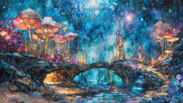 A vibrant and detailed fantasy photograph of an alien planet. Where every element appears meticulously crafted from iridescent stained glass. From a cave system, dominated by towering crystals, giant bioluminescent mushrooms, in all shapes and sizes, that glow in vibrant iridescent colors. A stream of iridescent blue water, flows down the center of the cave from a waterfall, off in the distance. The alien flora, vibrantly colored, attracting alien insects, like nothing you've ever seen. Glow worms hang down from the ceiling, emitting the entire spectrum of the rainbow in colors, they seem to dance and blend as if they are connected. Outside the cave system, the sky shimmers with a breathtaking aurora borealis that fills the sky, creating a cosmic spectacle of galaxies, nebulae, and radiant starlight, in this nighttime landscape.