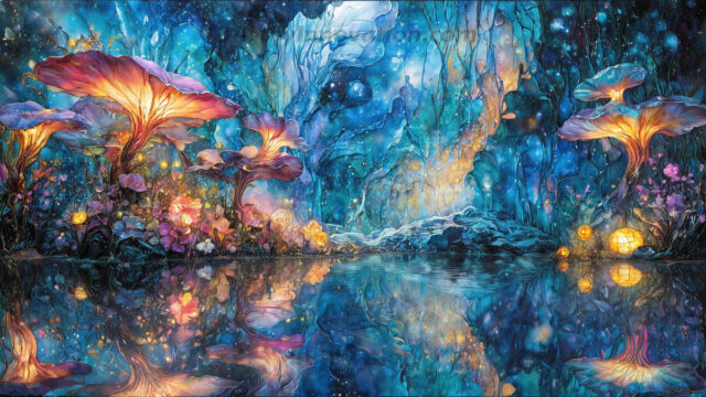 A vibrant and detailed fantasy photograph of an alien planet. Where every element appears meticulously crafted from iridescent stained glass. From a cave system, dominated by towering crystals, giant bioluminescent mushrooms, in all shapes and sizes, that glow in vibrant iridescent colors. A stream of iridescent blue water, flows down the center of the cave from a waterfall, off in the distance. The alien flora, vibrantly colored, attracting alien insects, like nothing you've ever seen. Glow worms hang down from the ceiling, emitting the entire spectrum of the rainbow in colors, they seem to dance and blend as if they are connected. Outside the cave system, the sky shimmers with a breathtaking aurora borealis that fills the sky, creating a cosmic spectacle of galaxies, nebulae, and radiant starlight, in this nighttime landscape.