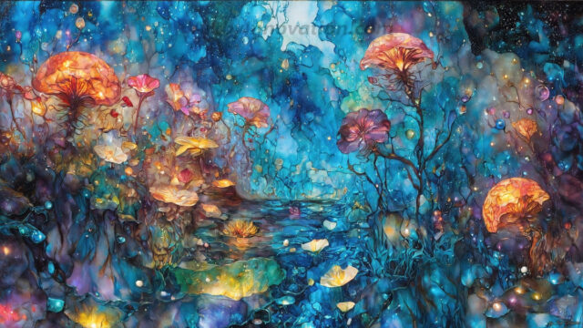 A vibrant and detailed fantasy photograph of an alien planet. Where every element appears meticulously crafted from iridescent stained glass. From a cave system, dominated by towering crystals, giant bioluminescent mushrooms, in all shapes and sizes, that glow in vibrant iridescent colors. A stream of iridescent blue water, flows down the center of the cave from a waterfall, off in the distance. The alien flora, vibrantly colored, attracting alien insects, like nothing you've ever seen. Glow worms hang down from the ceiling, emitting the entire spectrum of the rainbow in colors, they seem to dance and blend as if they are connected. Outside the cave system, the sky shimmers with a breathtaking aurora borealis that fills the sky, creating a cosmic spectacle of galaxies, nebulae, and radiant starlight, in this nighttime landscape.