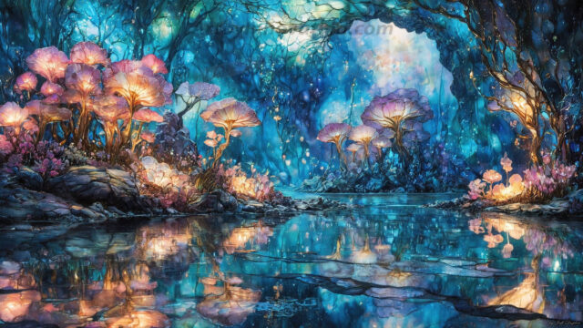 A vibrant and detailed fantasy photograph of an alien planet. Where every element appears meticulously crafted from iridescent stained glass. From a cave system, dominated by towering crystals, giant bioluminescent mushrooms, in all shapes and sizes, that glow in vibrant iridescent colors. A stream of iridescent blue water, flows down the center of the cave from a waterfall, off in the distance. The alien flora, vibrantly colored, attracting alien insects, like nothing you've ever seen. Glow worms hang down from the ceiling, emitting the entire spectrum of the rainbow in colors, they seem to dance and blend as if they are connected. Outside the cave system, the sky shimmers with a breathtaking aurora borealis that fills the sky, creating a cosmic spectacle of galaxies, nebulae, and radiant starlight, in this nighttime landscape.