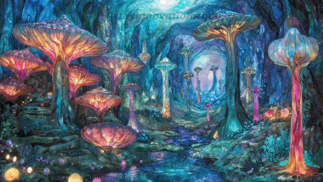 A vibrant and detailed fantasy photograph of an alien planet. Where every element appears meticulously crafted from iridescent stained glass. From a cave system, dominated by towering crystals, giant bioluminescent mushrooms, in all shapes and sizes, that glow in vibrant iridescent colors. A stream of iridescent blue water, flows down the center of the cave from a waterfall, off in the distance. The alien flora, vibrantly colored, attracting alien insects, like nothing you've ever seen. Glow worms hang down from the ceiling, emitting the entire spectrum of the rainbow in colors, they seem to dance and blend as if they are connected. Outside the cave system, the sky shimmers with a breathtaking aurora borealis that fills the sky, creating a cosmic spectacle of galaxies, nebulae, and radiant starlight, in this nighttime landscape.