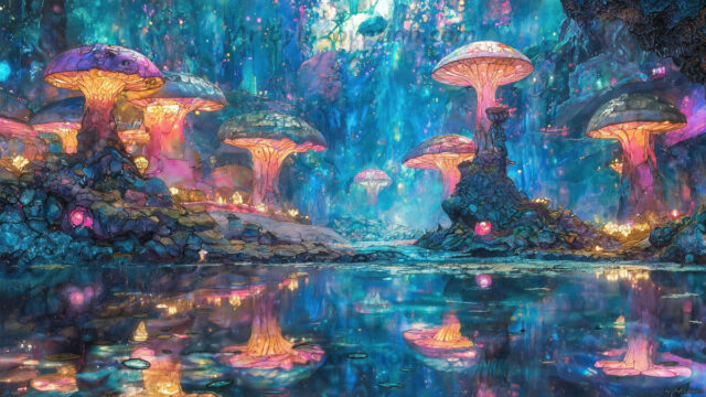 A vibrant and detailed fantasy photograph of an alien planet. Where every element appears meticulously crafted from iridescent stained glass. From a cave system, dominated by towering crystals, giant bioluminescent mushrooms, in all shapes and sizes, that glow in vibrant iridescent colors. A stream of iridescent blue water, flows down the center of the cave from a waterfall, off in the distance. The alien flora, vibrantly colored, attracting alien insects, like nothing you've ever seen. Glow worms hang down from the ceiling, emitting the entire spectrum of the rainbow in colors, they seem to dance and blend as if they are connected. Outside the cave system, the sky shimmers with a breathtaking aurora borealis that fills the sky, creating a cosmic spectacle of galaxies, nebulae, and radiant starlight, in this nighttime landscape.
