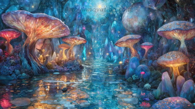 A vibrant and detailed fantasy photograph of an alien planet. Where every element appears meticulously crafted from iridescent stained glass. From a cave system, dominated by towering crystals, giant bioluminescent mushrooms, in all shapes and sizes, that glow in vibrant iridescent colors. A stream of iridescent blue water, flows down the center of the cave from a waterfall, off in the distance. The alien flora, vibrantly colored, attracting alien insects, like nothing you've ever seen. Glow worms hang down from the ceiling, emitting the entire spectrum of the rainbow in colors, they seem to dance and blend as if they are connected. Outside the cave system, the sky shimmers with a breathtaking aurora borealis that fills the sky, creating a cosmic spectacle of galaxies, nebulae, and radiant starlight, in this nighttime landscape.