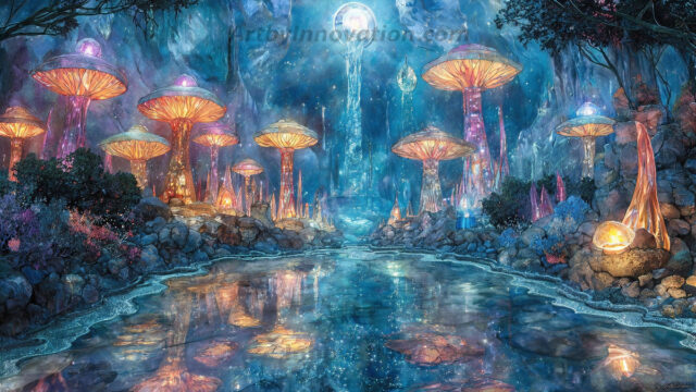 A vibrant and detailed fantasy photograph of an alien planet. Where every element appears meticulously crafted from iridescent stained glass. From a cave system, dominated by towering crystals, giant bioluminescent mushrooms, in all shapes and sizes, that glow in vibrant iridescent colors. A stream of iridescent blue water, flows down the center of the cave from a waterfall, off in the distance. The alien flora, vibrantly colored, attracting alien insects, like nothing you've ever seen. Glow worms hang down from the ceiling, emitting the entire spectrum of the rainbow in colors, they seem to dance and blend as if they are connected. Outside the cave system, the sky shimmers with a breathtaking aurora borealis that fills the sky, creating a cosmic spectacle of galaxies, nebulae, and radiant starlight, in this nighttime landscape.