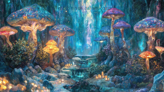 A vibrant and detailed fantasy photograph of an alien planet. Where every element appears meticulously crafted from iridescent stained glass. From a cave system, dominated by towering crystals, giant bioluminescent mushrooms, in all shapes and sizes, that glow in vibrant iridescent colors. A stream of iridescent blue water, flows down the center of the cave from a waterfall, off in the distance. The alien flora, vibrantly colored, attracting alien insects, like nothing you've ever seen. Glow worms hang down from the ceiling, emitting the entire spectrum of the rainbow in colors, they seem to dance and blend as if they are connected. Outside the cave system, the sky shimmers with a breathtaking aurora borealis that fills the sky, creating a cosmic spectacle of galaxies, nebulae, and radiant starlight, in this nighttime landscape.