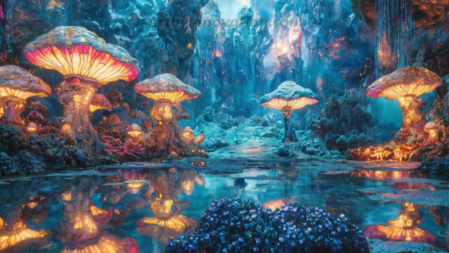 A vibrant and detailed fantasy photograph of an alien planet. Where every element appears meticulously crafted from iridescent stained glass. From a cave system, dominated by towering crystals, giant bioluminescent mushrooms, in all shapes and sizes, that glow in vibrant iridescent colors. A stream of iridescent blue water, flows down the center of the cave from a waterfall, off in the distance. The alien flora, vibrantly colored, attracting alien insects, like nothing you've ever seen. Glow worms hang down from the ceiling, emitting the entire spectrum of the rainbow in colors, they seem to dance and blend as if they are connected. Outside the cave system, the sky shimmers with a breathtaking aurora borealis that fills the sky, creating a cosmic spectacle of galaxies, nebulae, and radiant starlight, in this nighttime landscape.