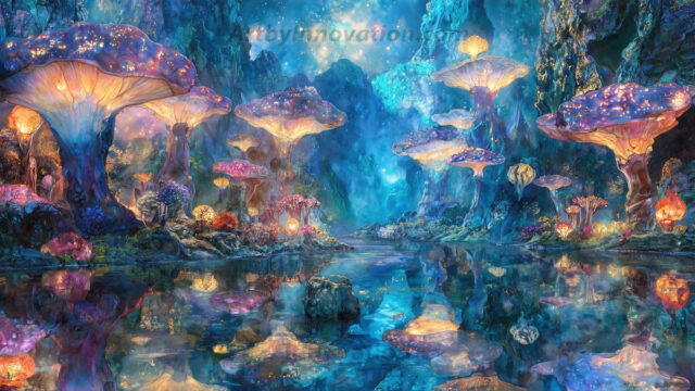 A vibrant and detailed fantasy photograph of an alien planet. Where every element appears meticulously crafted from iridescent stained glass. From a cave system, dominated by towering crystals, giant bioluminescent mushrooms, in all shapes and sizes, that glow in vibrant iridescent colors. A stream of iridescent blue water, flows down the center of the cave from a waterfall, off in the distance. The alien flora, vibrantly colored, attracting alien insects, like nothing you've ever seen. Glow worms hang down from the ceiling, emitting the entire spectrum of the rainbow in colors, they seem to dance and blend as if they are connected. Outside the cave system, the sky shimmers with a breathtaking aurora borealis that fills the sky, creating a cosmic spectacle of galaxies, nebulae, and radiant starlight, in this nighttime landscape.
