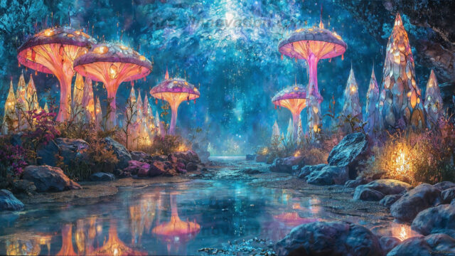 A vibrant and detailed fantasy photograph of an alien planet. Where every element appears meticulously crafted from iridescent stained glass. From a cave system, dominated by towering crystals, giant bioluminescent mushrooms, in all shapes and sizes, that glow in vibrant iridescent colors. A stream of iridescent blue water, flows down the center of the cave from a waterfall, off in the distance. The alien flora, vibrantly colored, attracting alien insects, like nothing you've ever seen. Glow worms hang down from the ceiling, emitting the entire spectrum of the rainbow in colors, they seem to dance and blend as if they are connected. Outside the cave system, the sky shimmers with a breathtaking aurora borealis that fills the sky, creating a cosmic spectacle of galaxies, nebulae, and radiant starlight, in this nighttime landscape.